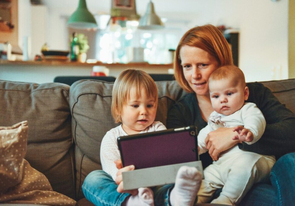mother and children in new home